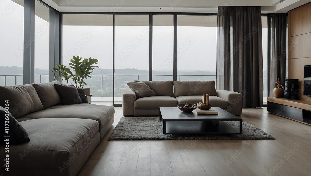 Fototapeta premium Modern living room with two large grey sofas, a coffee table, and floor-to-ceiling windows offering a scenic view. Neutral color palette; hardwood floors.
