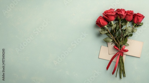 bouquet of red roses tied with ribbon on pastel background with envelopes