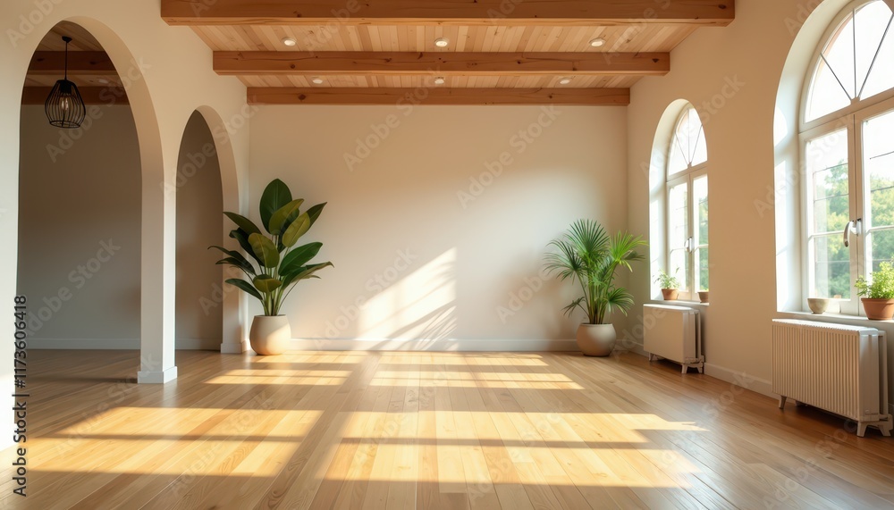 Fototapeta premium Stock photo shows an inviting yoga studio with light wooden floors serene lighting and a peaceful atmosphere perfect for meditation and relaxation.