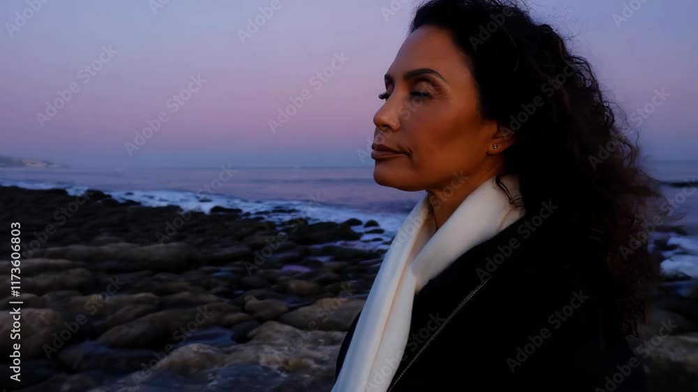 A Hispanic woman peacefully meditates by the ocean, enjoying the calming waves and stunning sunset colors in the background A Hispanic woman peacefully meditates by the ocean, enjoying the calming waves and stunning sunset colors in the background