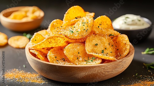 Crispy potato chips served in a wooden bowl with dipping sauce.