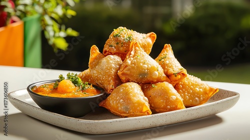Crispy samosas served with tangy sauce on a plate, outdoor soft background