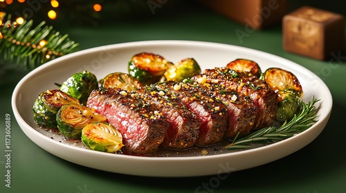 Decorative plate with sliced steak and roasted Brussels sprouts, festive ambiance. photo