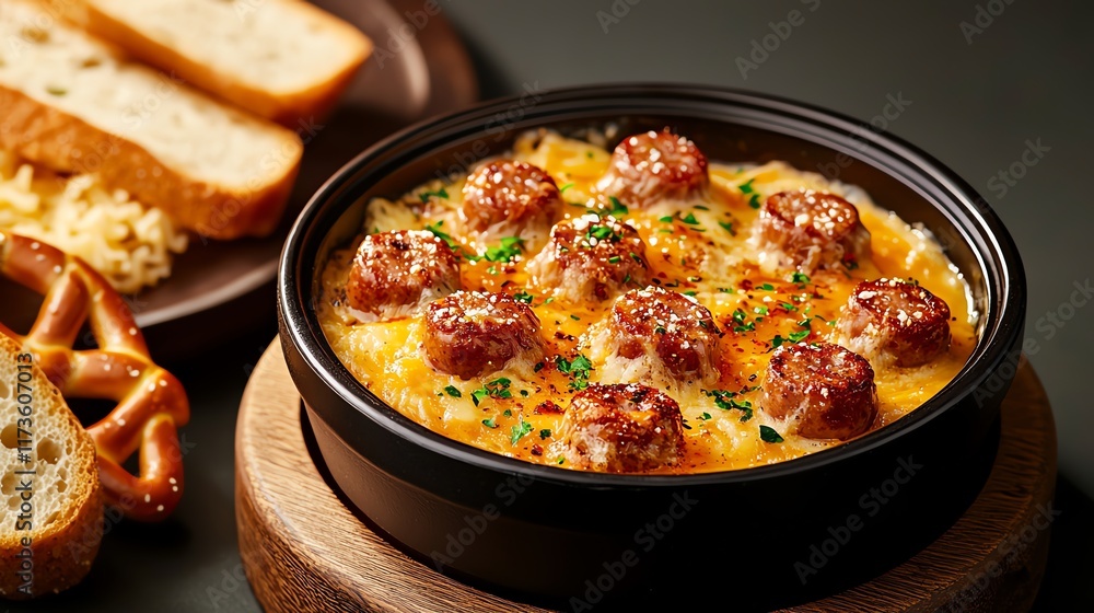 Delicious baked meatballs with cheese in a ceramic dish, served with bread. Delicious baked meatballs with cheese in a ceramic dish, served with bread.
