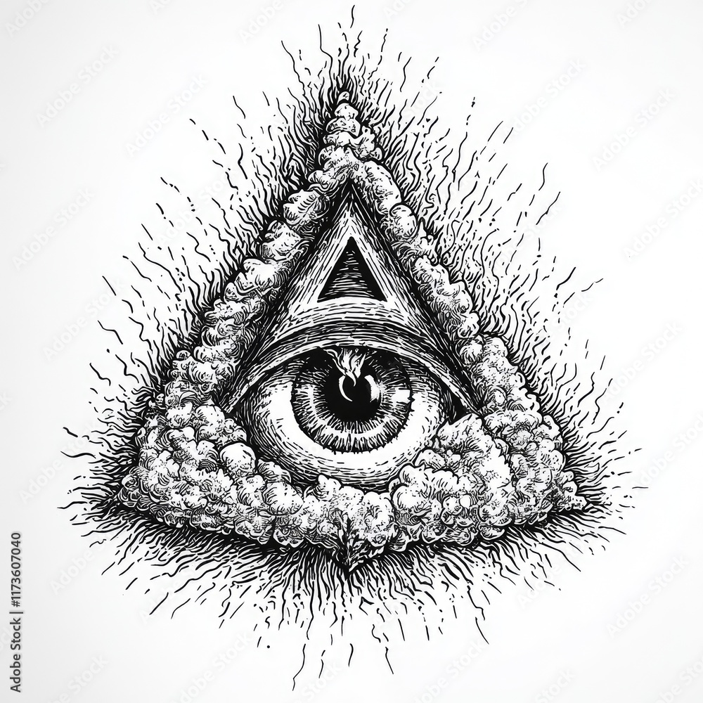 Obraz premium An intricate illustration of an all-seeing eye within a triangular shape, surrounded by clouds.