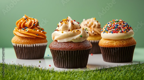 Delicious assorted cupcakes on a grassy surface with colorful frosting and sprinkles.
