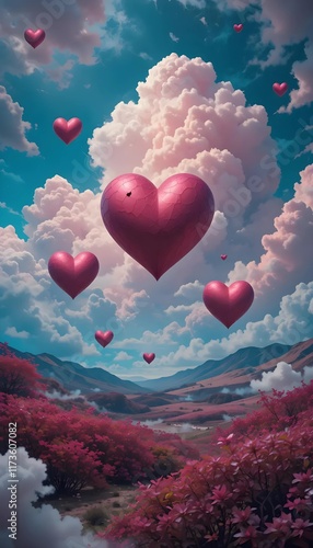 Surreal Valentine's Day Landscape with Floating Hearts and Abstract Clouds