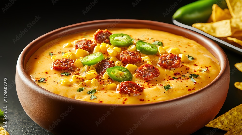 Delicious bowl of spicy cheddar cheese dip with jalapenos and toppings, gourmet sharing dish. Delicious bowl of spicy cheddar cheese dip with jalapenos and toppings, gourmet sharing dish.