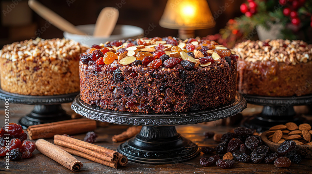 Festive fruitcakes on stands, rustic table, holiday background Festive fruitcakes on stands, rustic table, holiday background