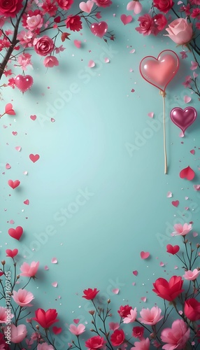 Aesthetic Flowers and Hearts Valentine's Day Background with Copy Space