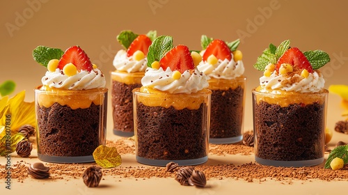 Delicious dessert cups with cream, chocolate cake, and fresh strawberries, white background photo