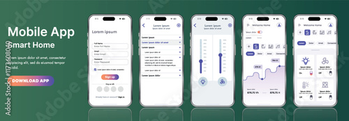 A sleek smart home application interface template featuring modern icons and a gradient design. Includes navigation menus for managing devices, monitoring security, controlling temperature