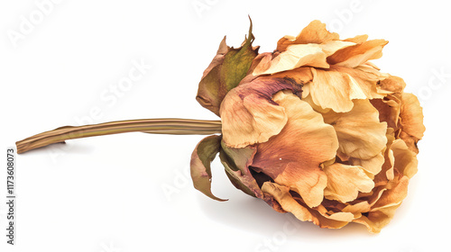 Dry and shriveled peony blossom isolated on white, withered, plant, withering, isolated. Blossom. Illustration