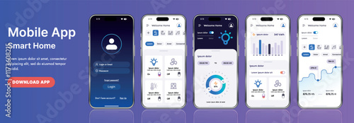 A sleek smart home application interface template featuring modern icons and a gradient design. Includes navigation menus for managing devices, monitoring security, controlling temperature
