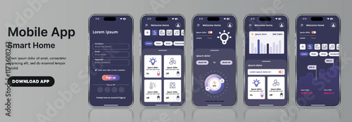 A sleek smart home application interface template featuring modern icons and a gradient design. Includes navigation menus for managing devices, monitoring security, controlling temperature