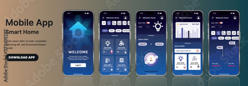 A sleek smart home application interface template featuring modern icons and a gradient design. Includes navigation menus for managing devices, monitoring security, controlling temperature