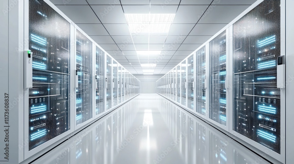 Fototapeta premium Modern Data Center: Rows of Servers Glowing with Technology