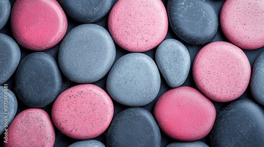 Textured surface of pink and gray pebbles arranged in harmony. Textured surface of pink and gray pebbles arranged in harmony.
