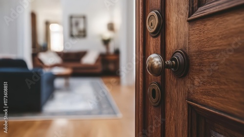 opened wooden door focus on door handle close up to modern living room interior