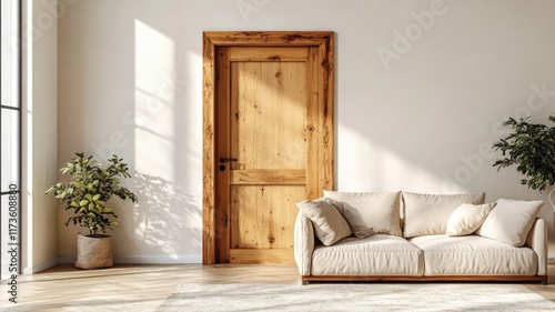 Wooden door is open in a room with a white wall photo