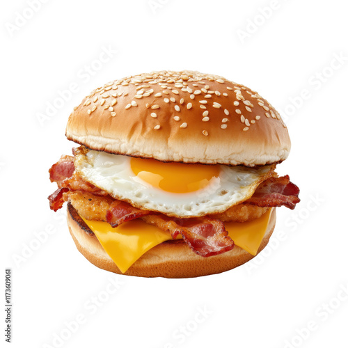 Breakfast sandwich with egg and bacon in a sesame bun. A delicious combination of crispy bacon, fried egg, and melted cheese. Isolated on transparent background, png.