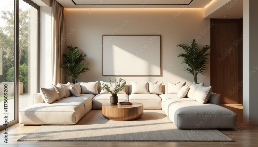 Stock photo displays a stylish living room with soft tones neutral décor and large windows creating a serene and comfortable environment. Stock photo displays a stylish living room with soft tones neutral décor and large windows creating a serene and comfortable environment.