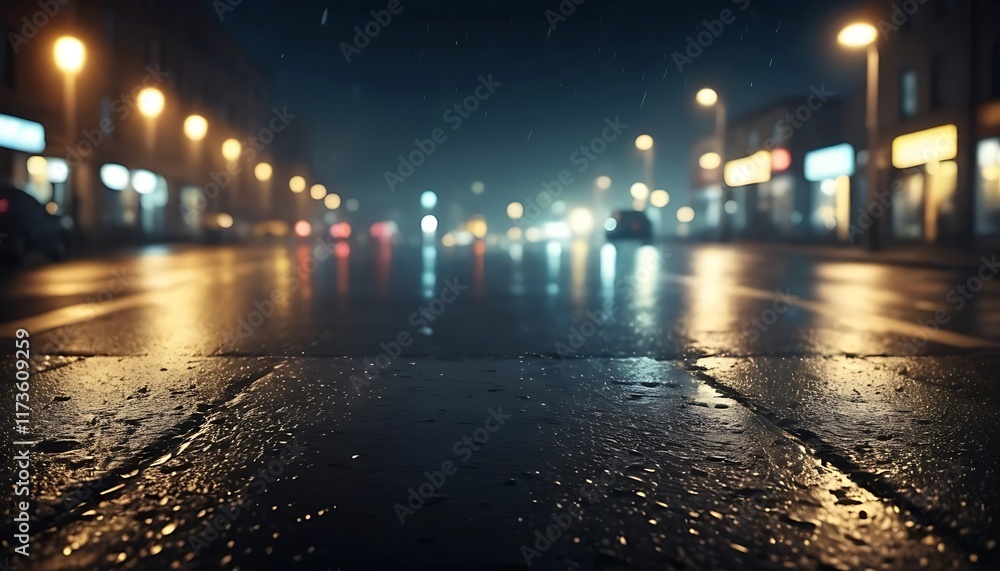 Rainy Night City Street Lights Reflecting On Wet Pavement Rainy Night City Street Lights Reflecting On Wet Pavement