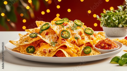 Delicious nachos topped with cheese, jalapenos, and salsa on a festive background.