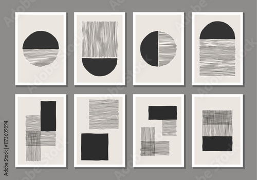 Trendy set of abstract creative minimal artistic hand sketched compositions