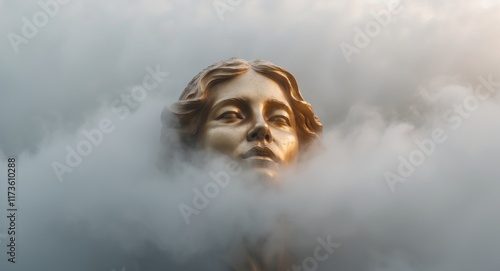 Bronze Sculpture of a Serene Face Amidst a Mystical Fog photo