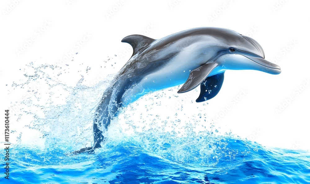 Fototapeta premium Dolphin leaps from blue water, spray splashing, isolated on white.