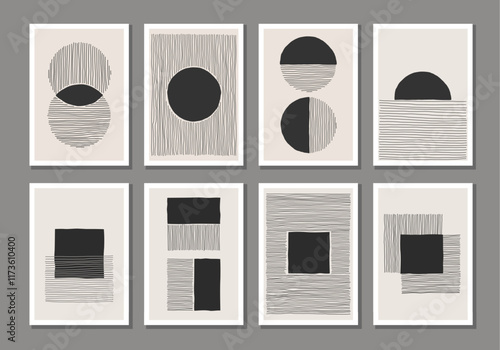 Trendy set of abstract creative minimal artistic hand sketched compositions