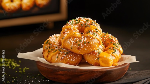 Freshly baked pretzels topped with sesame and herbs in a wooden bowl. photo