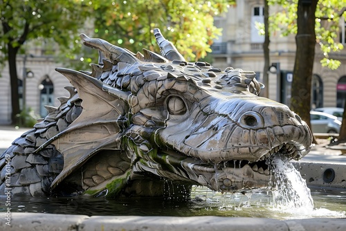 An artistic water fountain in a public square, designed to look like a cute, friendly dragon spouting water photo