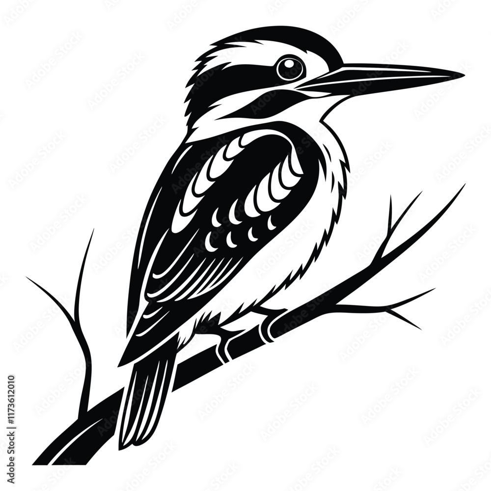 Fototapeta premium kingfisher sitting on a branch silhouette vector illustration design, isolated on a white background, bird icon.