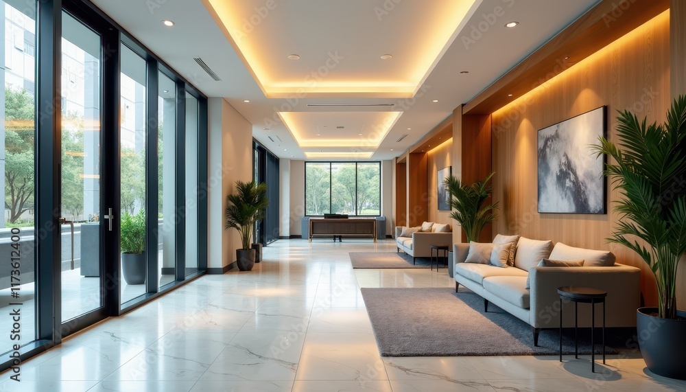 Fototapeta premium Stock photo features a modern office lobby with bright lighting stylish décor and comfortable seating providing an inviting and professional atmosphere.