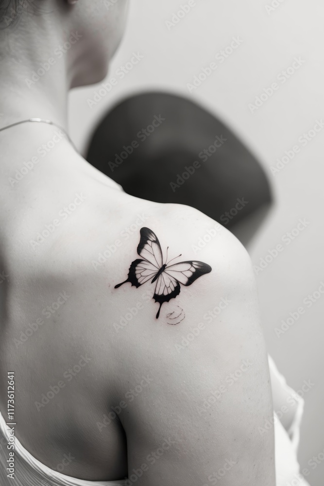Obraz premium Delicate Black Ink Tattoo of a Butterfly in Flight Symbolizing Transformation and Beauty