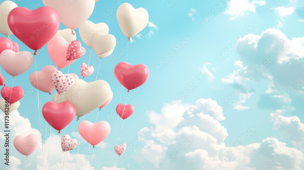 Heart shaped balloons floating in bright blue sky with fluffy white clouds Heart shaped balloons floating in bright blue sky with fluffy white clouds
