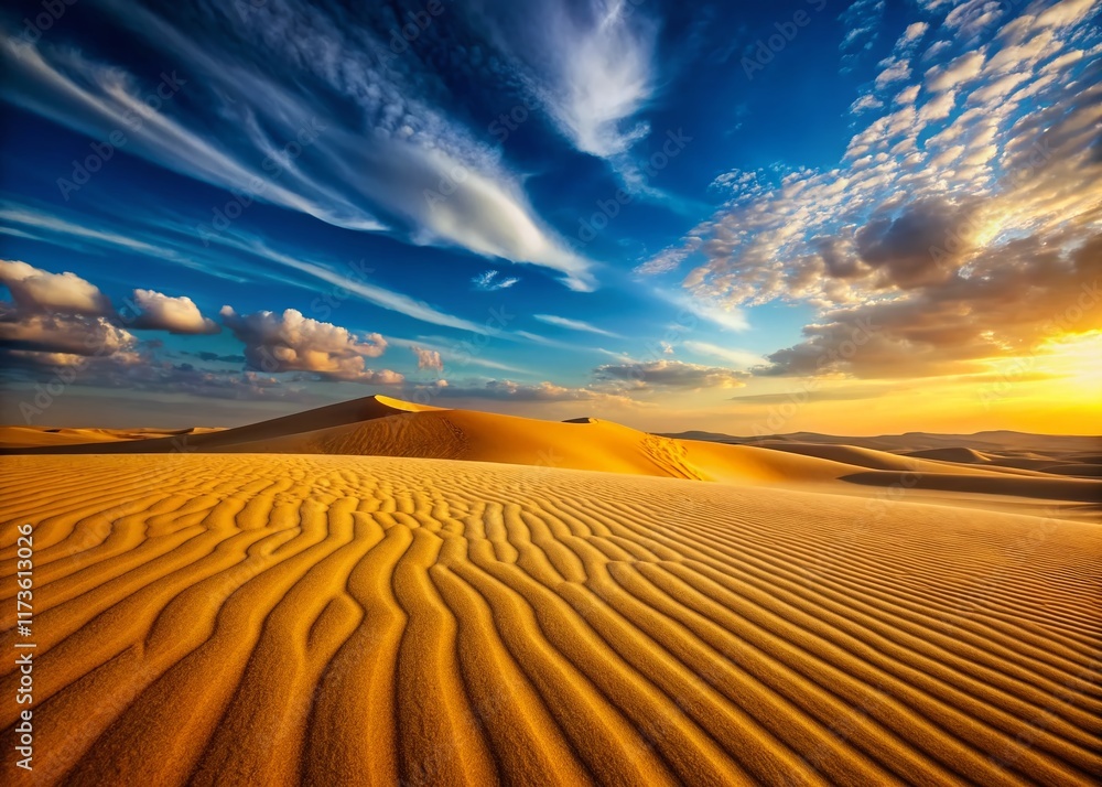 Naklejka premium Vast Desert Landscape: Golden Sands Under a Boundless Blue Sky - Stock Photo