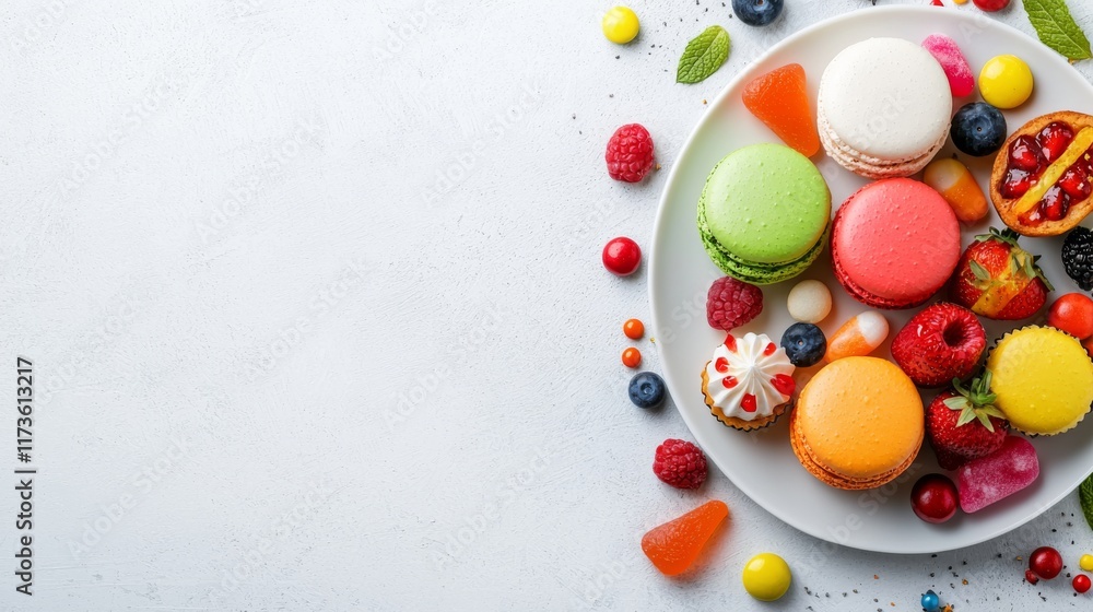 Colorful dessert platter with macarons, fruits, and candies on white background Colorful dessert platter with macarons, fruits, and candies on white background