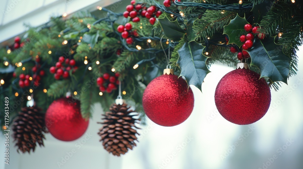 Obraz premium Festive holiday decorations with ornaments, pinecones, and greenery.