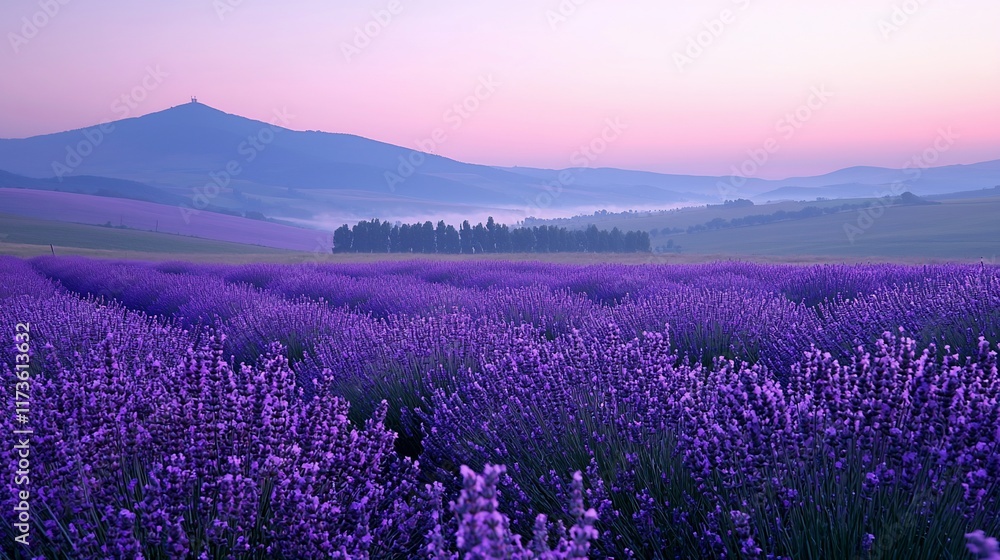 Fototapeta premium Serene sunrise over vast lavender fields and misty mountains.