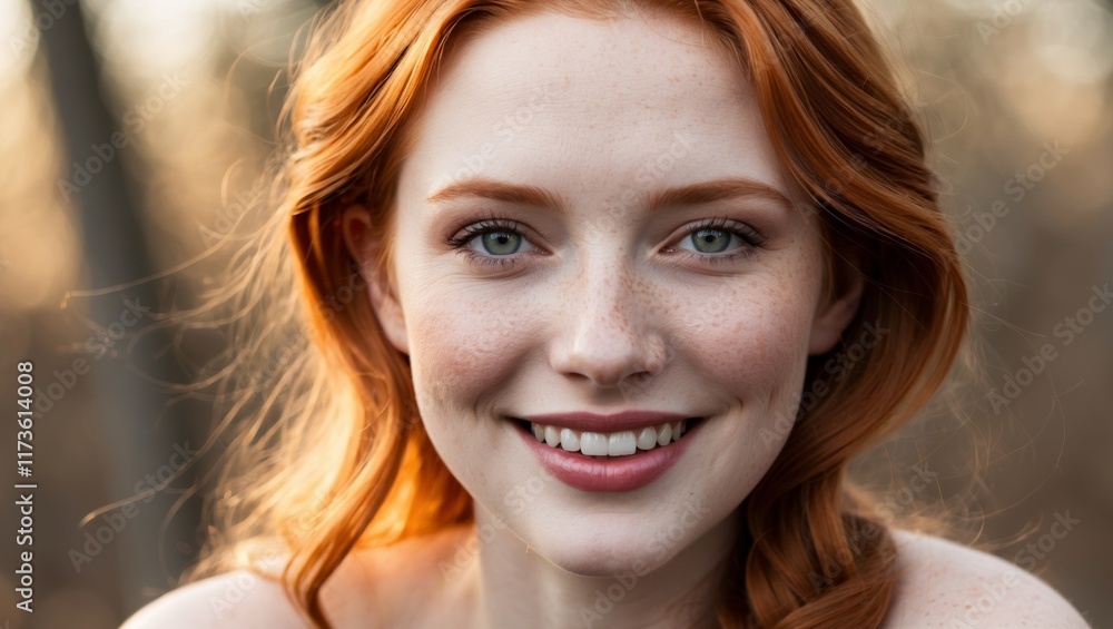 Fototapeta premium Captivating redhead beauty with freckles and radiant smile in natural light.