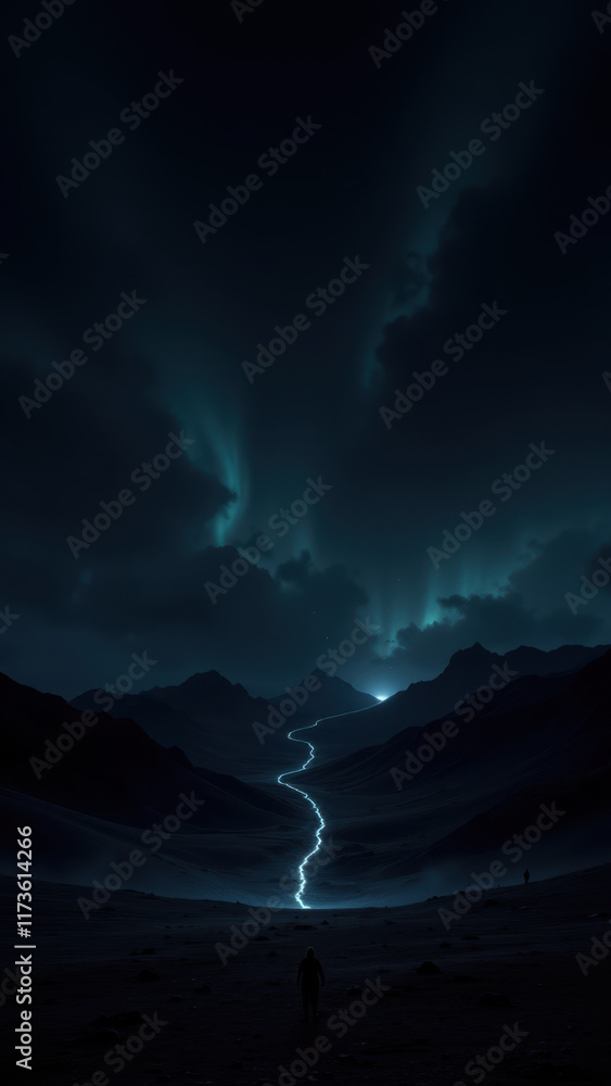 A mysterious night scene with an aurora-lit sky and mountains, featuring an AI's discovery of a hidden path.