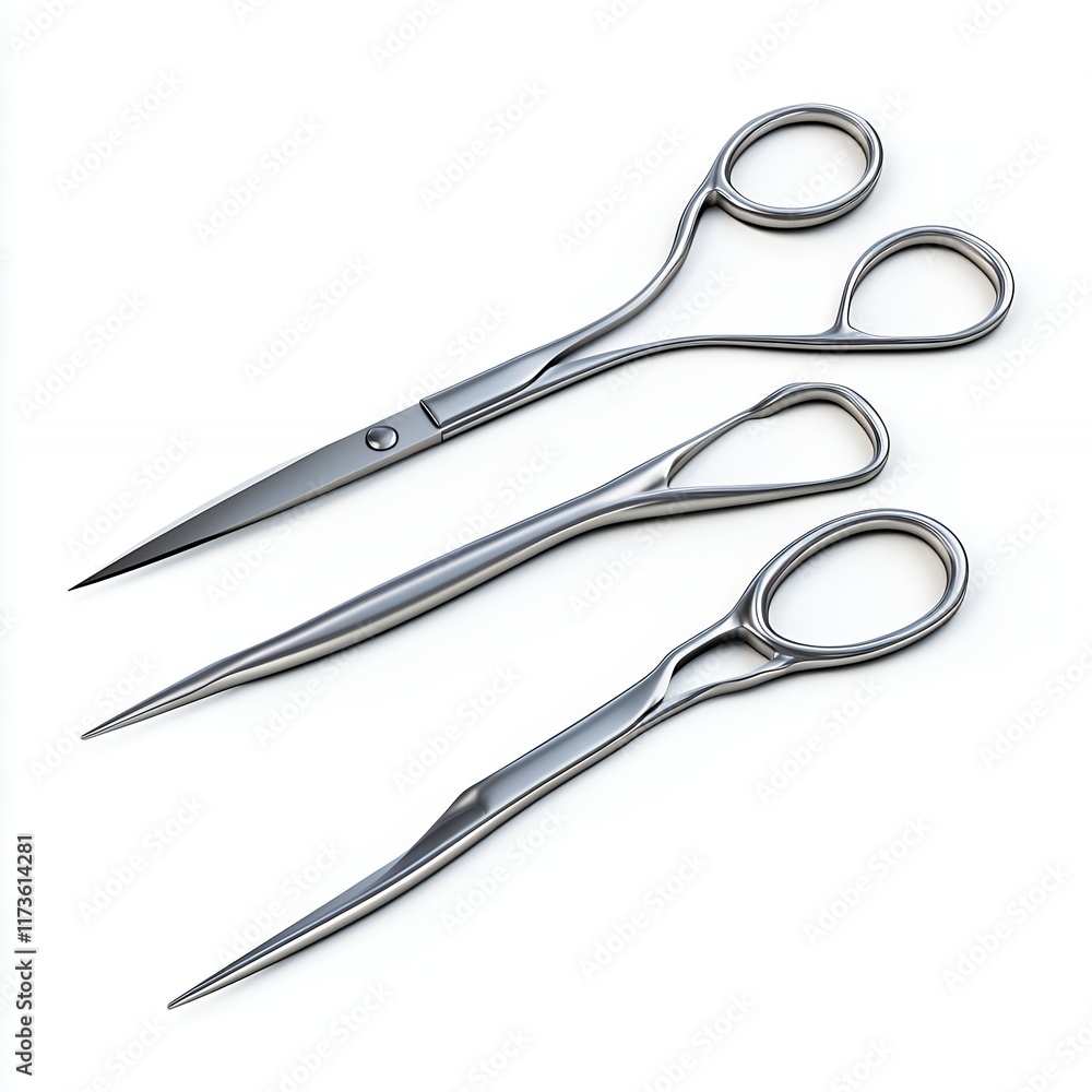 Obraz premium Sleek Metallic Scissors: A Trio of Modern Hairdressing Tools