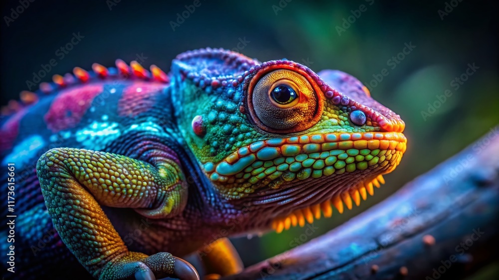 Vibrant Chameleon Close-Up: Low Light Branch Perch Vibrant Chameleon Close-Up: Low Light Branch Perch