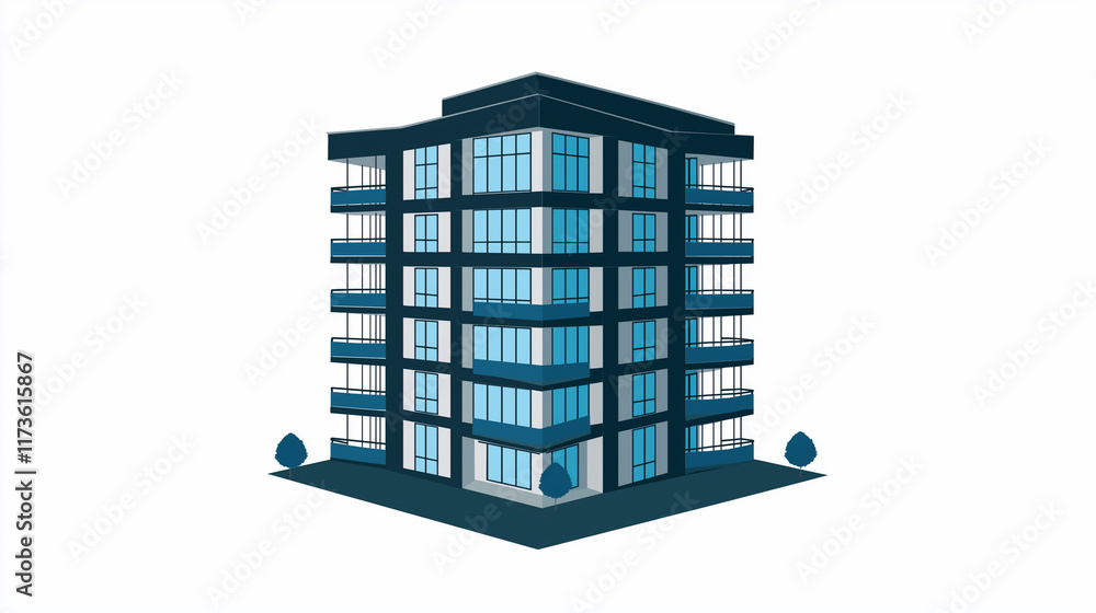Minimalist vector icon of apartment building in blue tones, isometric view, simple shapes, flat design on Pure White Background Minimalist vector icon of apartment building in blue tones, isometric view, simple shapes, flat design on Pure White Background