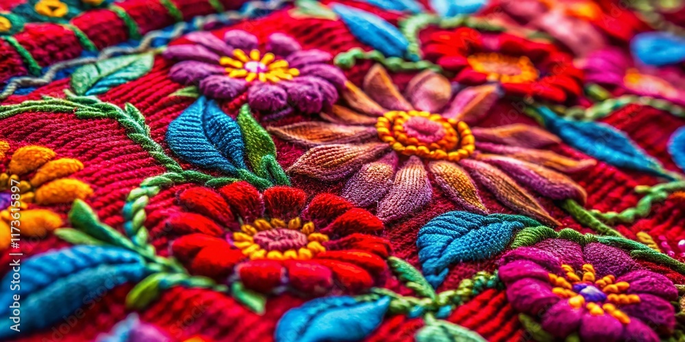 Vibrant Chiapas Textile: Handcrafted Red Fabric with Colorful Flower Embroidery Vibrant Chiapas Textile: Handcrafted Red Fabric with Colorful Flower Embroidery