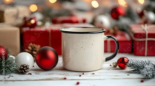 Wallpaper Mural Cozy Christmas mug on white rustic wooden table with red and white ornaments, gifts, pine cones, and snow-covered pine branches. Torontodigital.ca