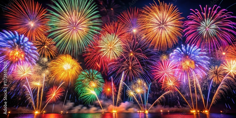 Fototapeta premium Vibrant Fireworks Display: Colorful Explosions & Sparkling Night Sky